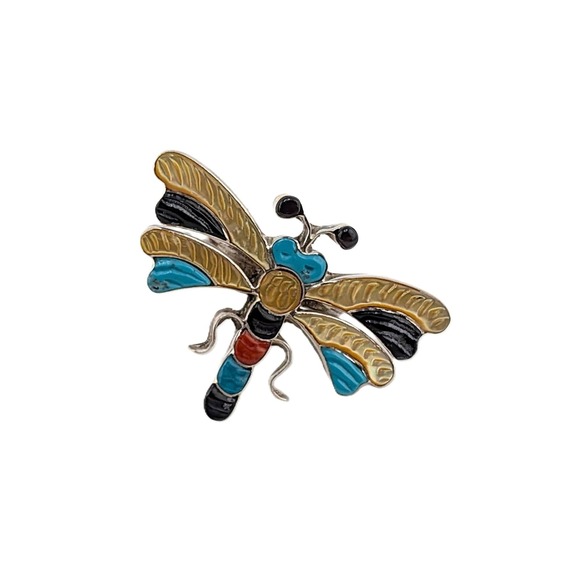 Zuni Dragonfly Inlay Ring Multi Stone Sterling Silver Sz 7.25 Signed Pinto - Picture 3 of 10